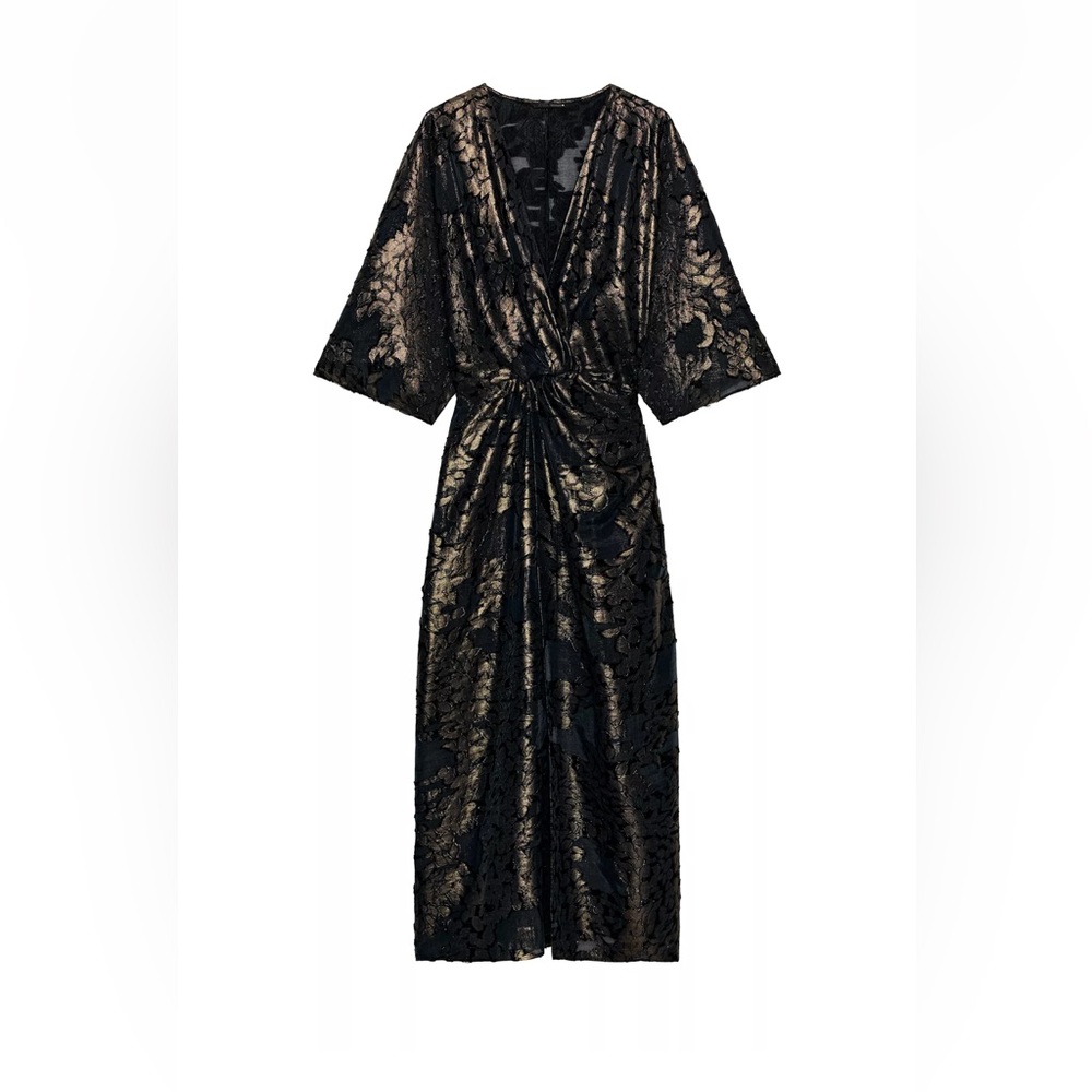 Black and Gold Twist-Front Lace Midi Dress